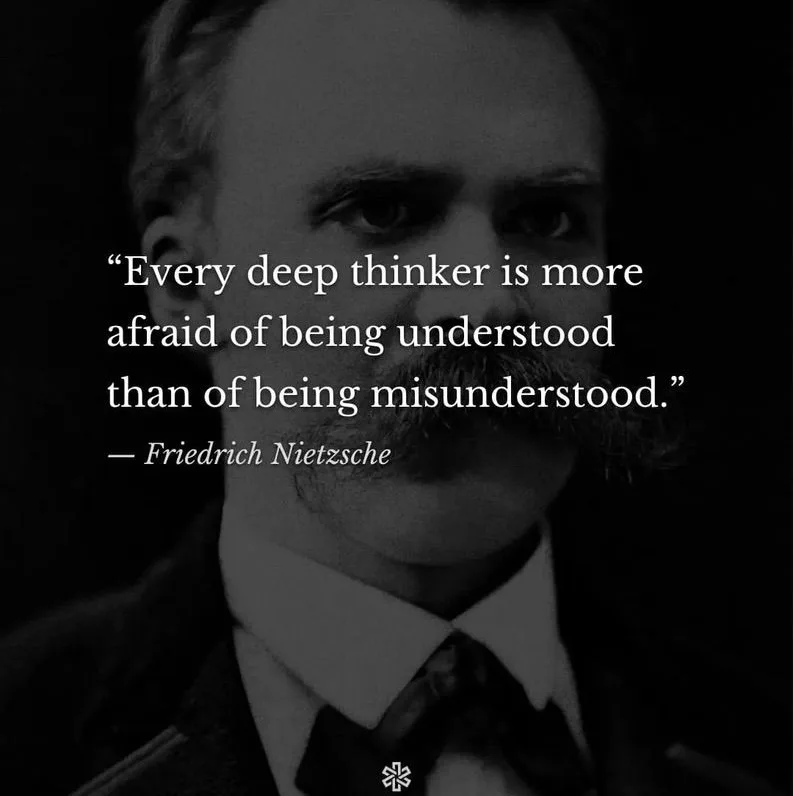 A black-and-white portrait of Friedrich Nietzsche, a man with a mustache and formal attire, overlaid with the quote: 'Every…