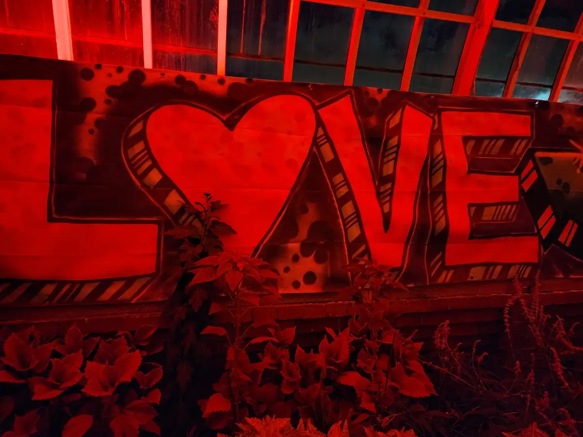 A graffiti-style mural of the word 'LOVE' painted in bold red letters on a wall, with the 'O' replaced by a heart symbol…