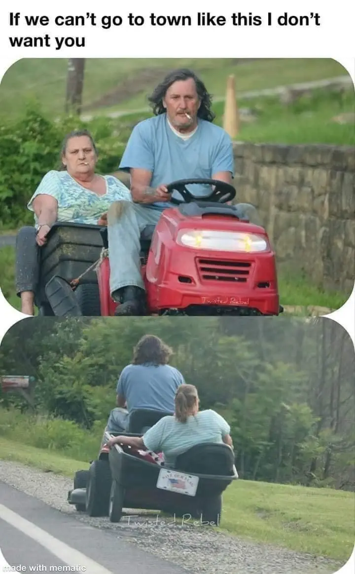 Two-panel image shows a man driving a red riding lawnmower with a woman seated in a black plastic trailer hitched behind it…