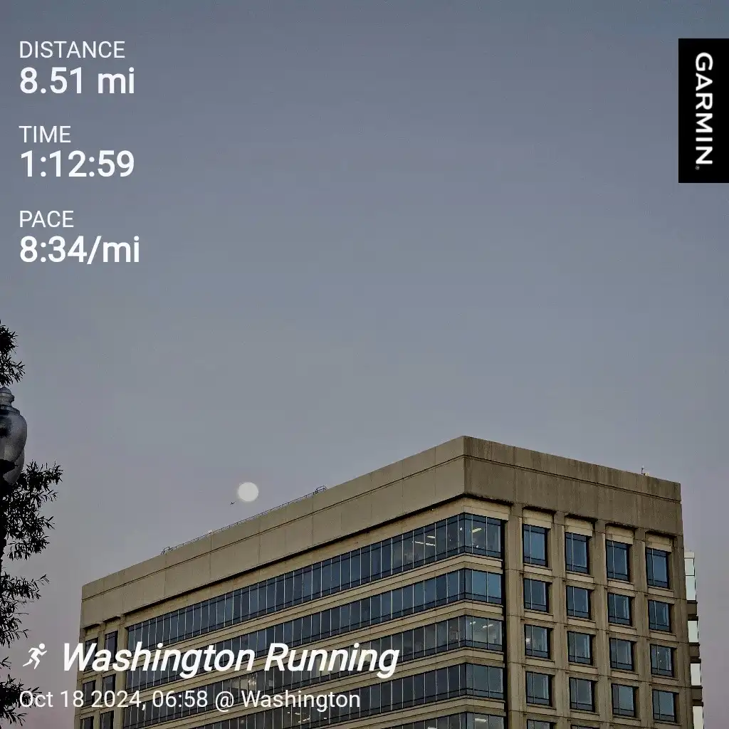 A screenshot of a Garmin fitness tracker showing a 8.51-mile run completed in 1 hour 12 minutes 59 seconds with a pace of…