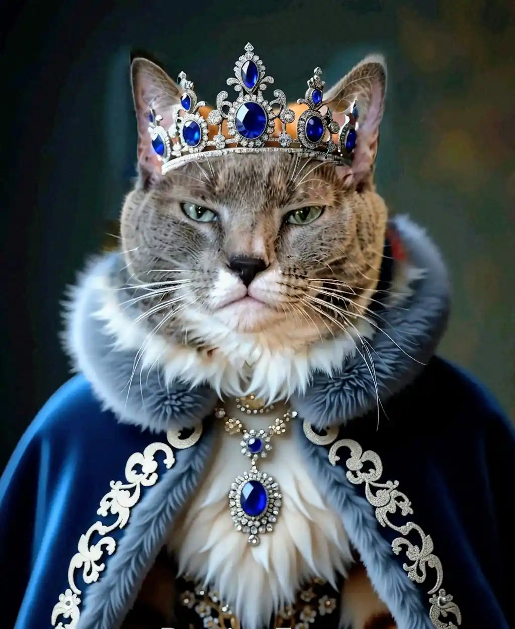 A gray tabby cat with green eyes wears an ornate silver crown studded with large blue gems and a matching blue velvet cape…