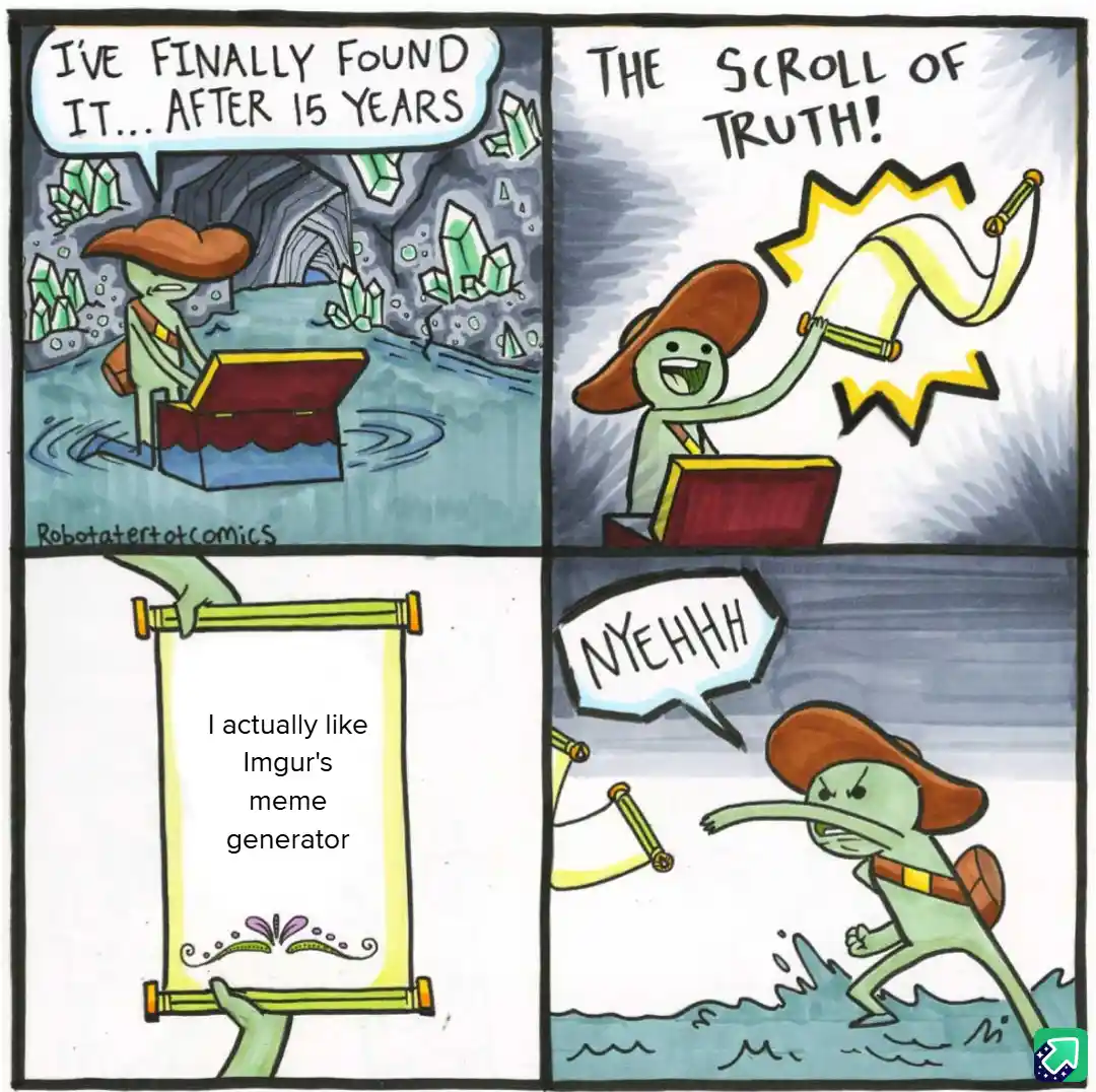 A four-panel comic shows a green-skinned character in a brown hat finding a treasure chest, then pulling out a scroll…