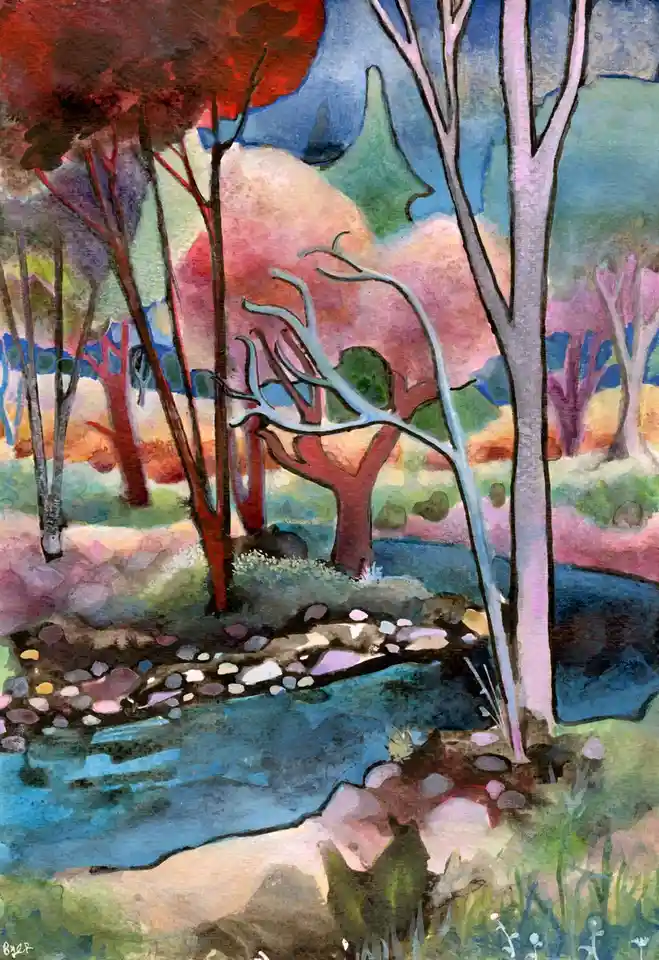 A colorful, abstract watercolor painting of a forest scene with stylized trees, a stream, and rocks, overlaid with the text…