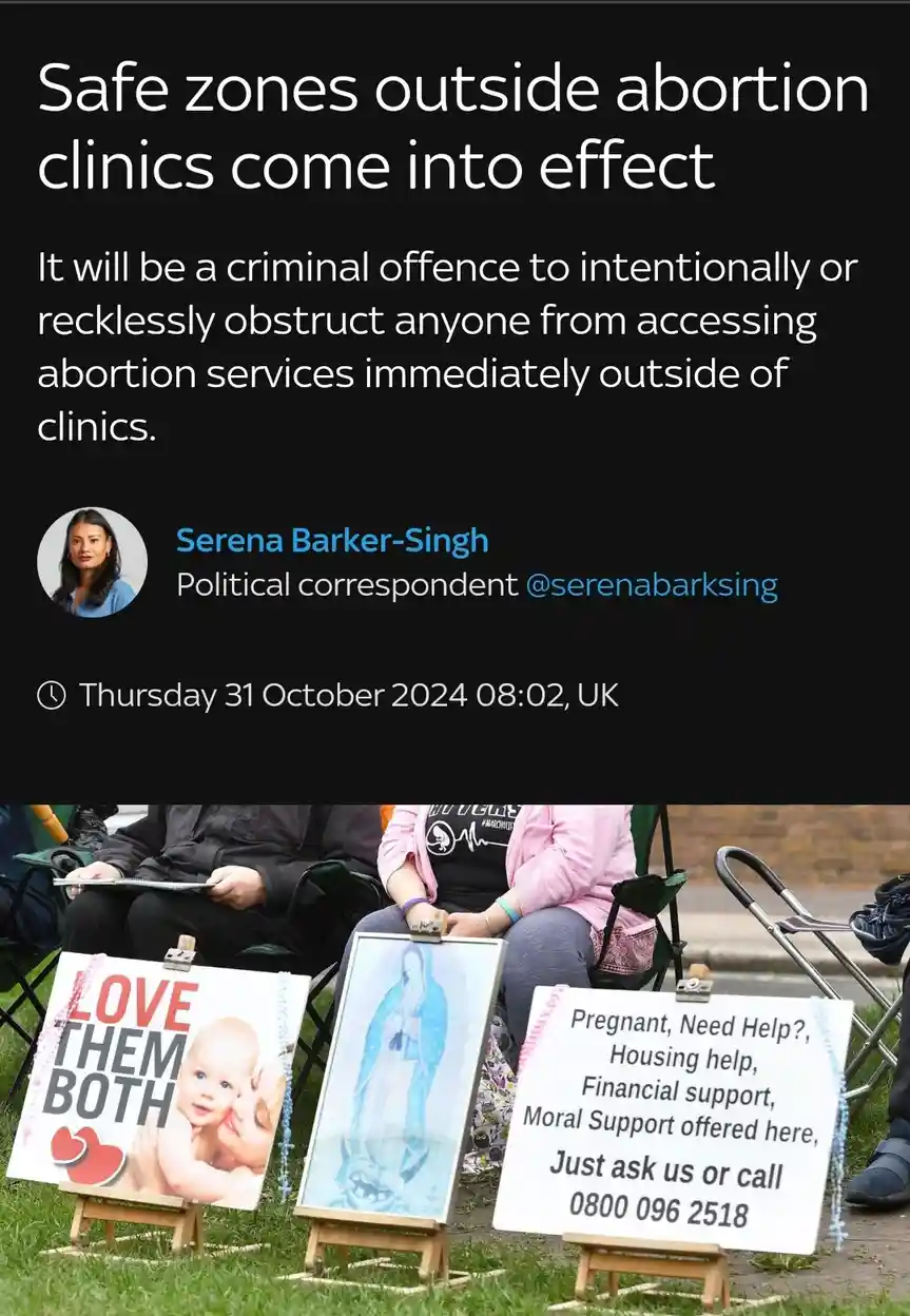 A screenshot of a news article about safe zones around abortion clinics is overlaid on a photo of anti-abortion protesters…