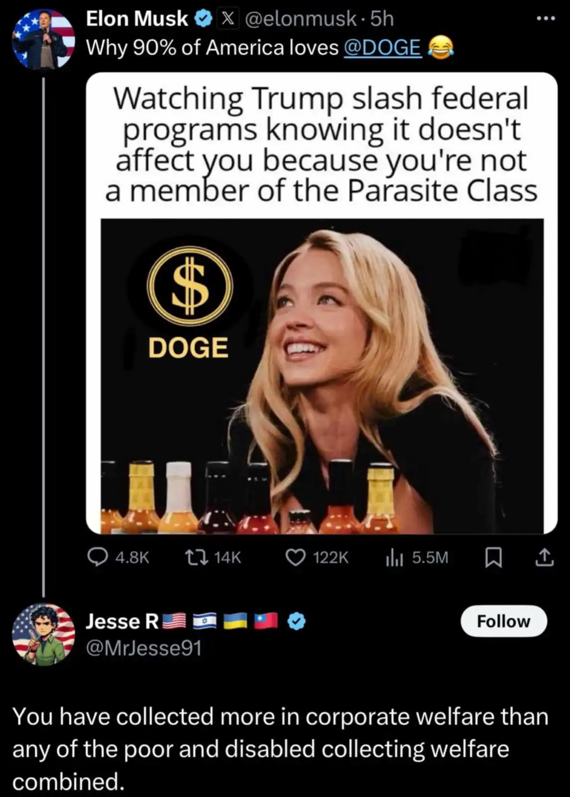 A screenshot of a tweet by Elon Musk reposting a meme. The meme features a photo of a smiling blonde woman with a golden…