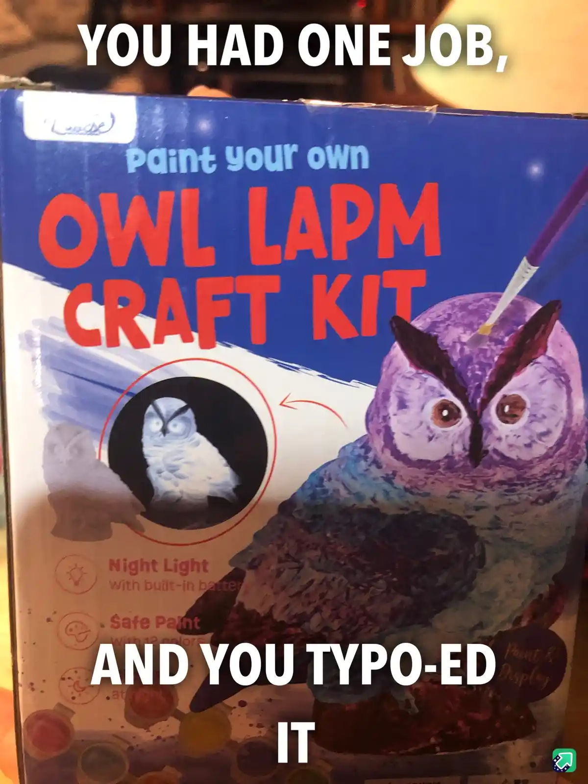A close-up of a craft kit box for 'Paint your own OWL LAPM CRAFT KIT' shows a purple painted owl with a paintbrush. The…