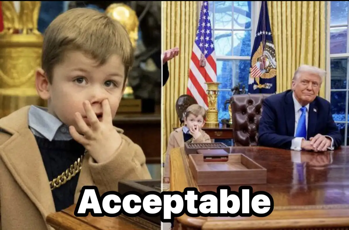 The image is a split-screen meme. On the left, a young boy with light brown hair, wearing a tan coat over a dark sweater…