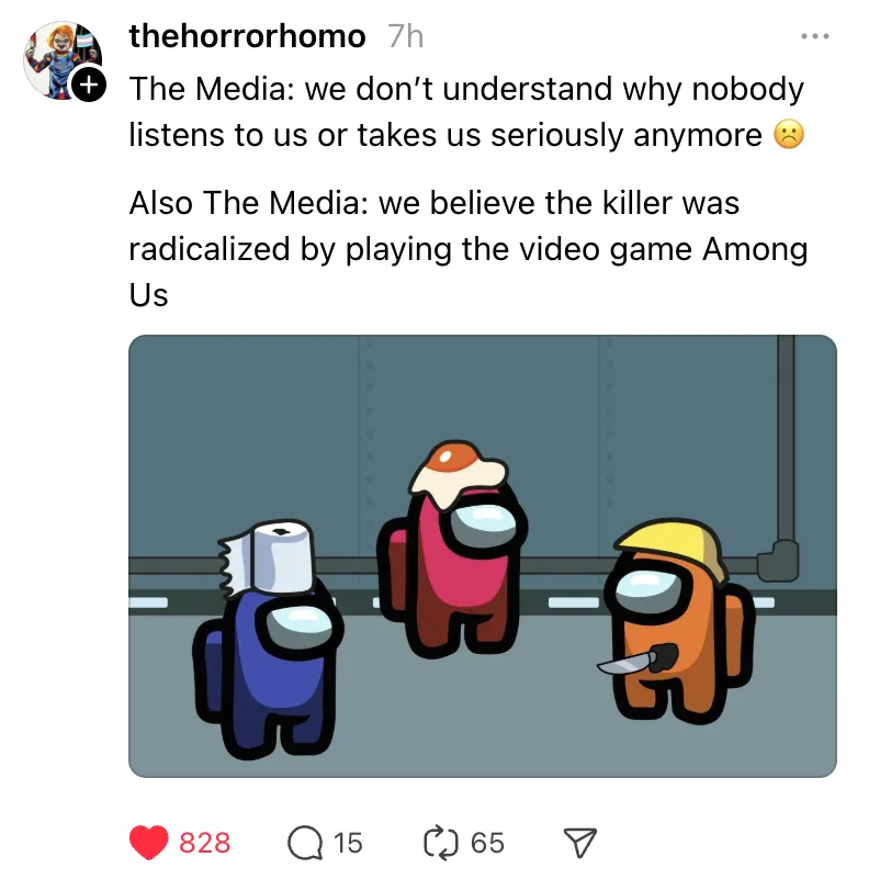 A screenshot of a social media post showing a meme image from the game Among Us. The image depicts three cartoon characters…