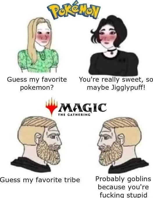 The meme contrasts two scenarios: top panel shows two anime-style women with Pokémon branding, one asks 'Guess my favorite…