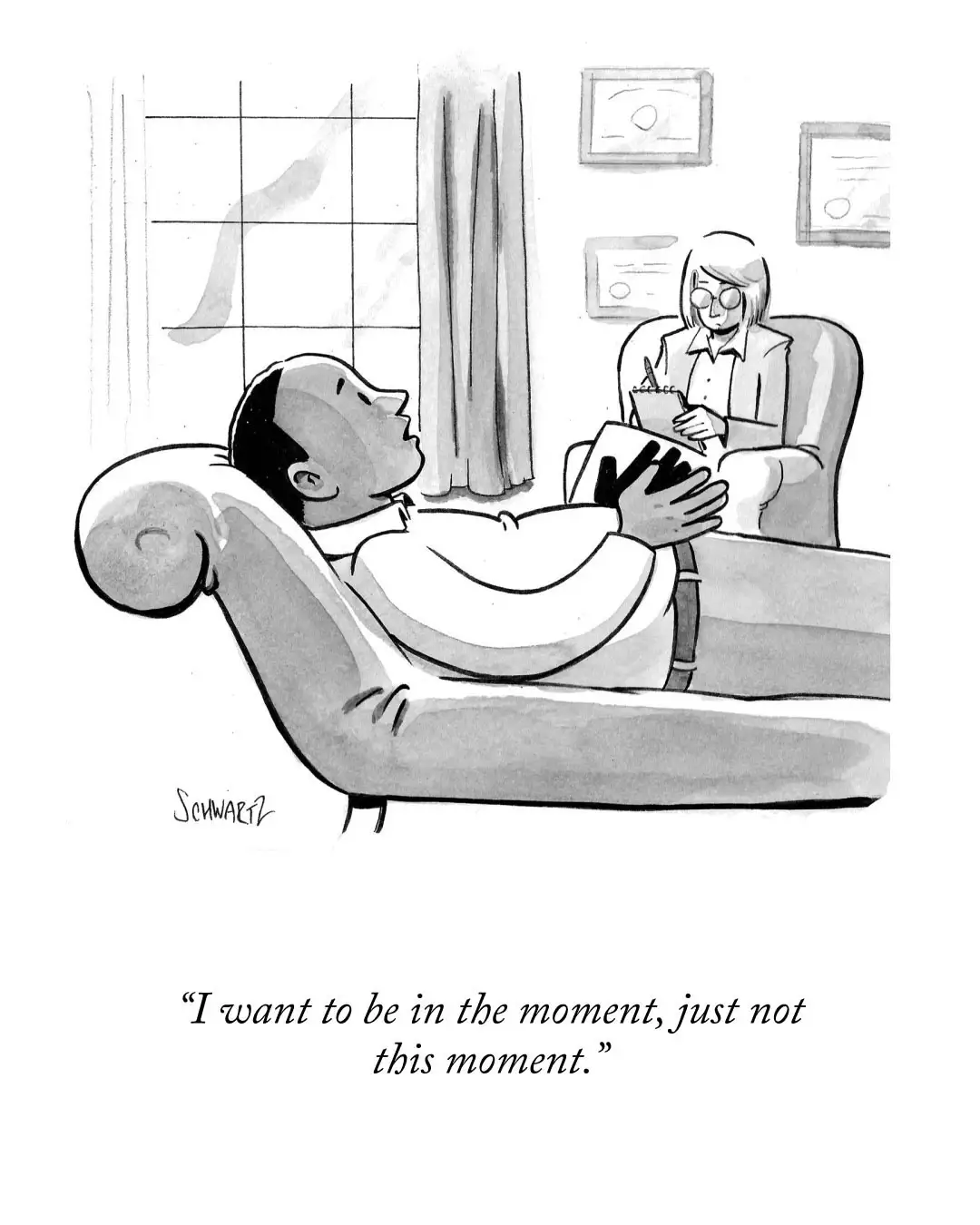 A black-and-white cartoon depicts a man reclining on a therapist's couch, looking upward with a resigned expression, while a…