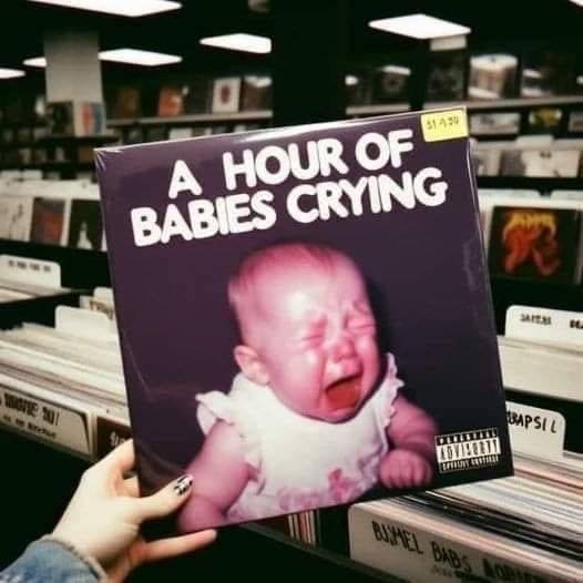 A hand holds a vinyl record album cover featuring a close-up of a crying baby. The album title 'A HOUR OF BABIES CRYING' is…