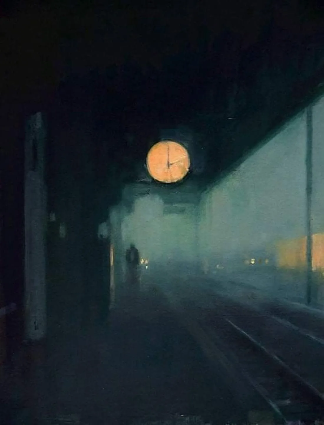 A dimly lit, foggy train station platform at night, with a large, glowing orange clock hanging overhead showing 3:00. A…