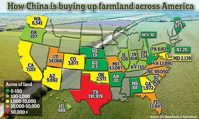 An infographic map of the United States with each state colored and labeled with a number representing 'acres of land'…