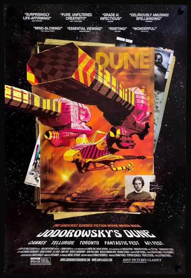 A promotional poster for 'Jodorowsky's Dune' shows a surreal, colorful sci-fi scene with giant, stylized spaceships flying…