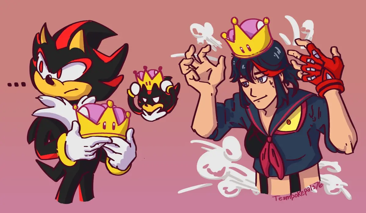 Shadow the Hedgehog holds a crown with a confused expression, while a smaller version of himself with a crown floats nearby…
