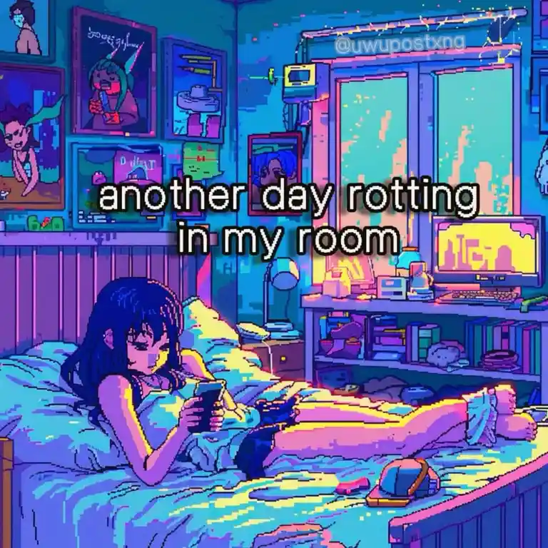 A pixel-art style illustration shows a young woman with dark hair lounging on a bed in a cluttered, neon-colored bedroom…