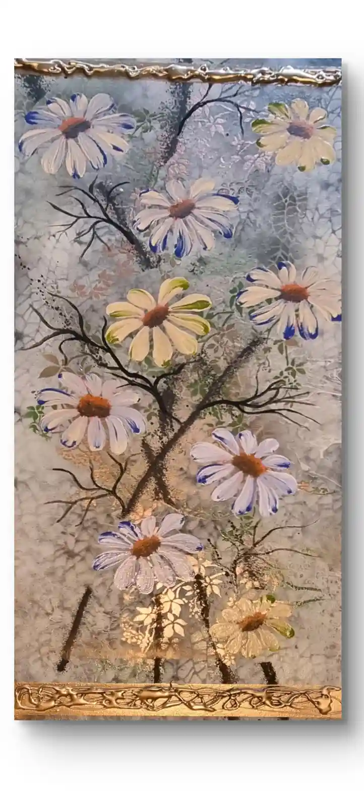 A painting of daisies with blue-tipped petals and brown centers, growing on dark, bare branches against a textured, cracked…