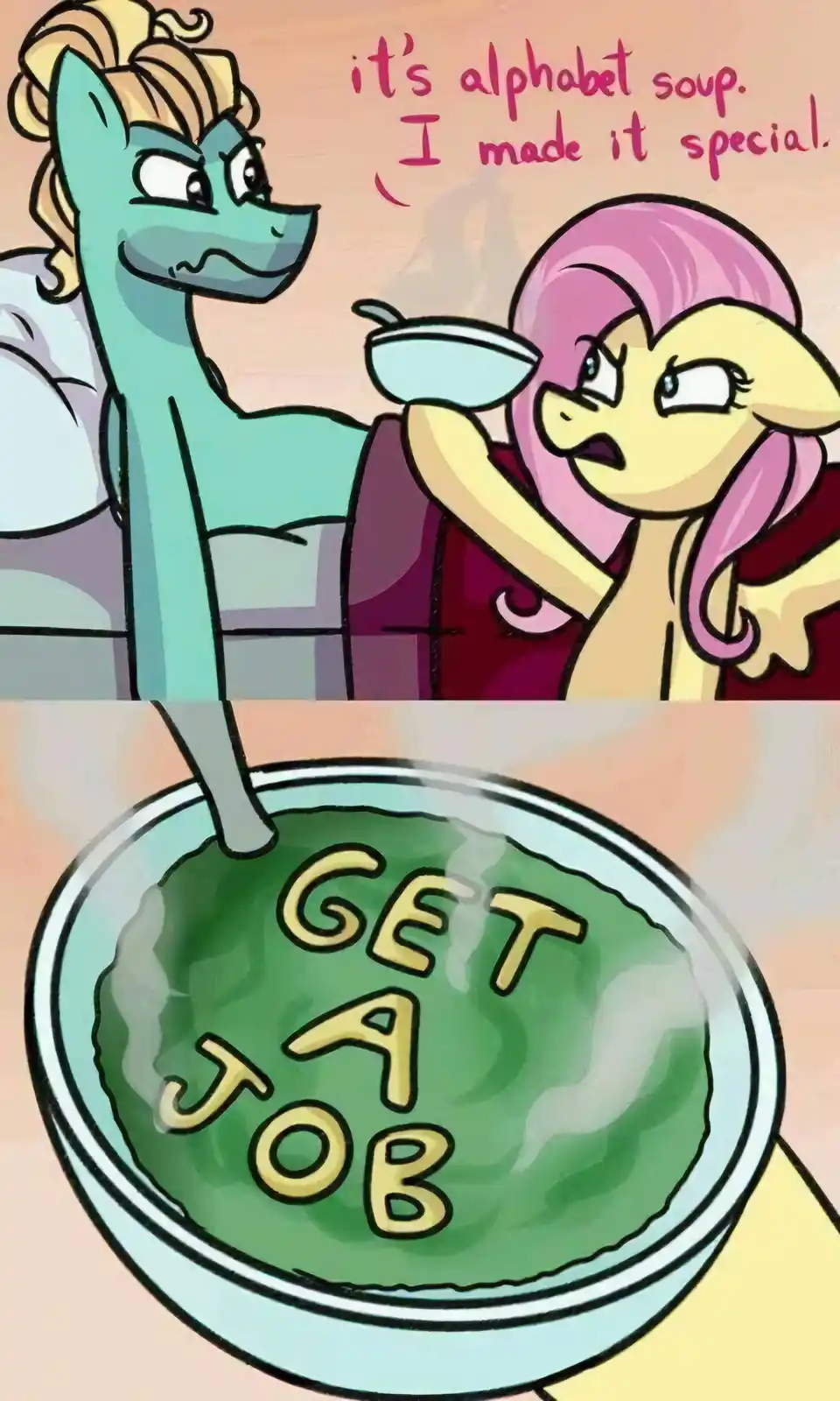 A cartoon dragon with blonde hair and a greenish-blue body stands beside a pink-haired pony holding a spoon over a bowl. The…