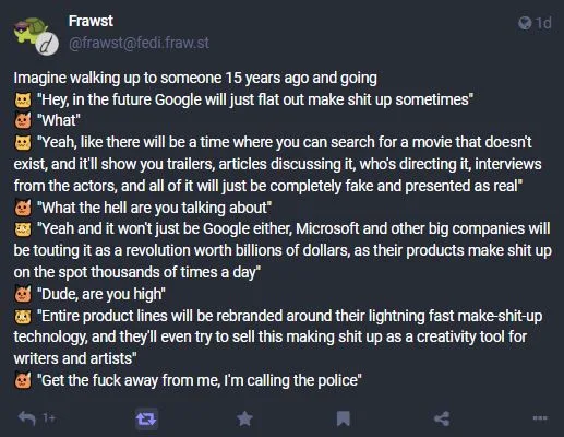 A screenshot of a Twitter/X post by user @frawst, featuring a humorous, sarcastic dialogue imagining a conversation with…