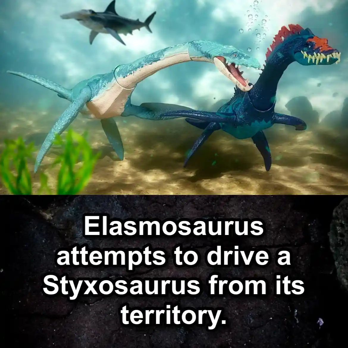 Two toy-like plesiosaur models, one light blue and one dark blue with red spikes, are shown underwater in a confrontational…