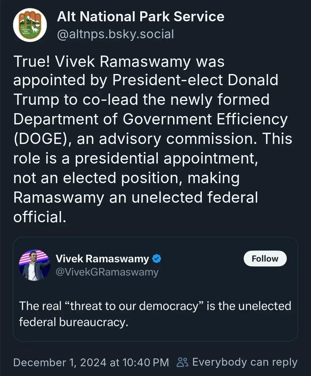 A screenshot of a social media post from 'Alt National Park Service' stating Vivek Ramaswamy was appointed to lead DOGE…