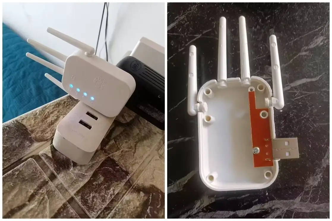 The image is a side-by-side comparison: on the left, a white WiFi router with four antennas and glowing blue status lights…