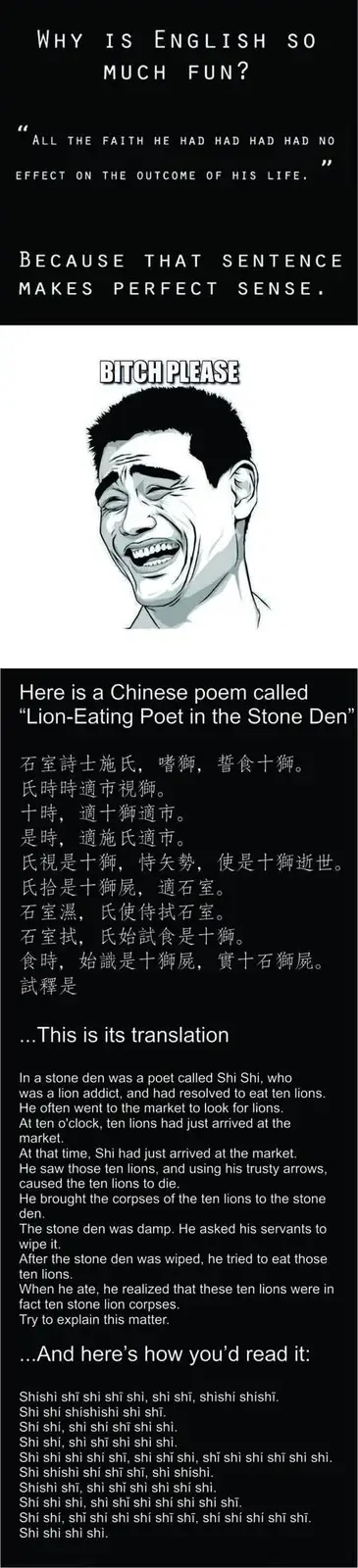 The image is a two-part meme. The top part shows a black background with white text posing the question 'WHY IS ENGLISH SO…