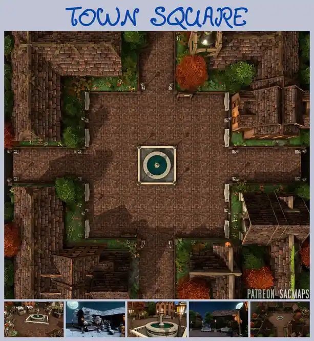 An overhead view of a fantasy town square with cobblestone streets, surrounding buildings with brown tiled roofs, and a…