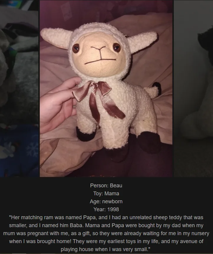 A person holds a beige plush sheep toy with a brown ribbon bow, featuring a stitched face with simple eyes and a straight…