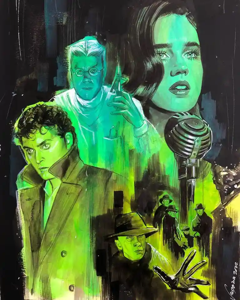 A stylized green-tinted illustration features multiple characters from the TV show 'The Boys' in a dramatic, noir-inspired…