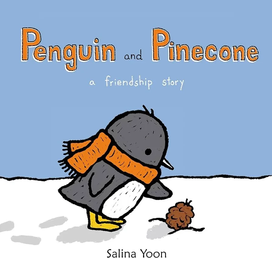A children's book cover shows a cartoon penguin wearing an orange scarf standing in snow next to a pinecone. The title text…
