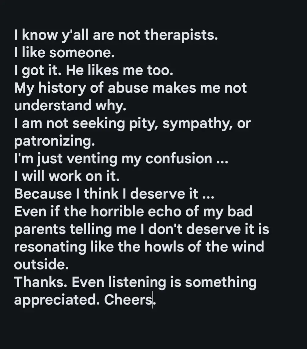 A black background with white text that reads a person's emotional monologue about liking someone who likes them back…