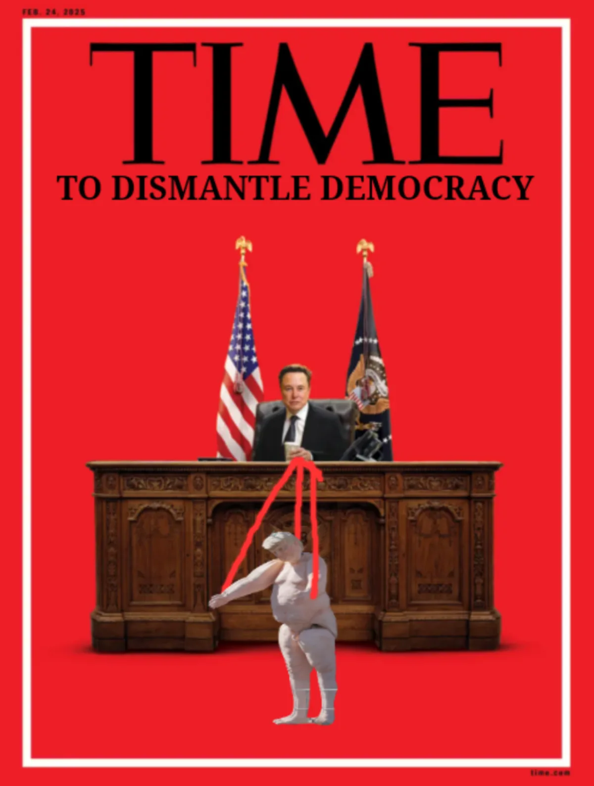 The image mimics a TIME magazine cover dated Feb. 24, 2025, featuring Elon Musk seated at a presidential desk with American…
