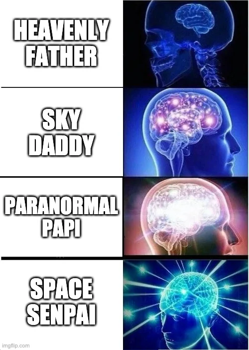 A four-panel meme showing a human head with a brain that progressively glows brighter and more intensely from top to bottom…