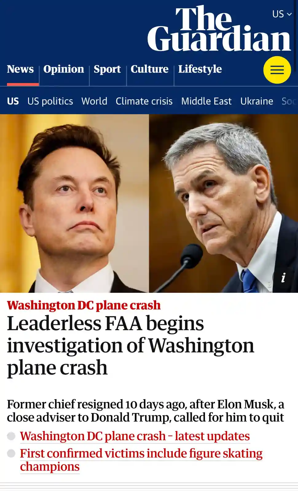 The image is a digitally altered screenshot of The Guardian's news website, featuring side-by-side photos of Elon Musk and a…