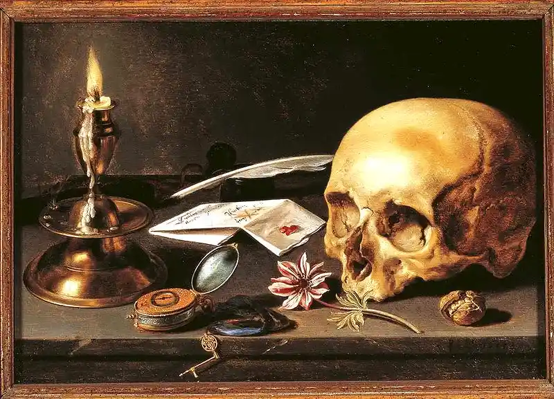 A classical still life painting shows a human skull resting beside a lit candle, a quill pen, an open letter with a red wax…