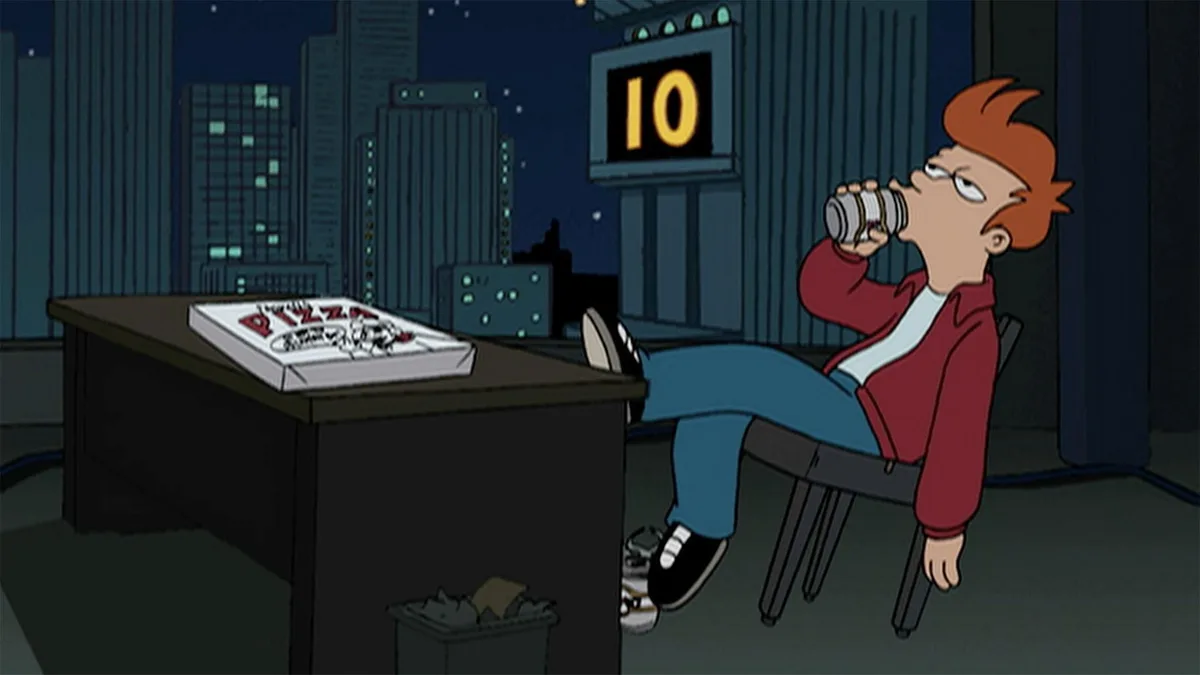 A cartoon character with orange hair, wearing a red jacket and blue pants, sits in a chair at night, drinking from a can…