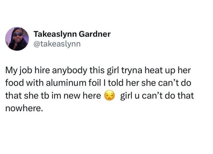 A screenshot of a tweet by user Takeaslynn Gardner (@takeaslynn) showing a white background with black text. The tweet…