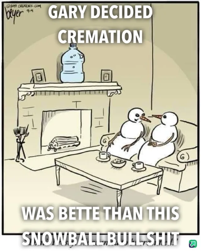 A cartoon depicts two snowmen sitting on a couch in a living room, with a fireplace behind them. A large water bottle sits…