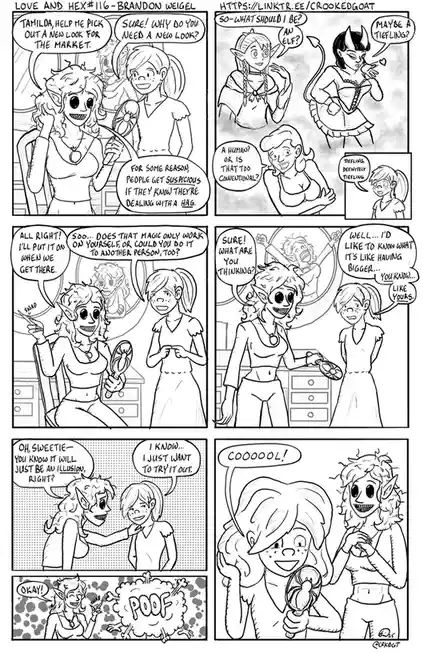 A black-and-white comic strip titled 'Love and Hex #116' by Brandon Weigel, depicting a hag named Tamilda helping a human…