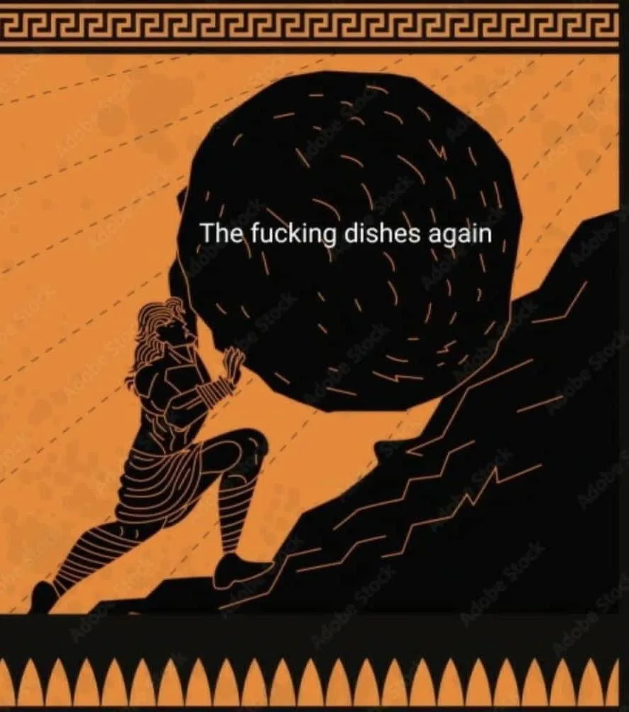 A stylized black-and-orange illustration depicts a muscular figure, resembling the mythological Greek hero Sisyphus…