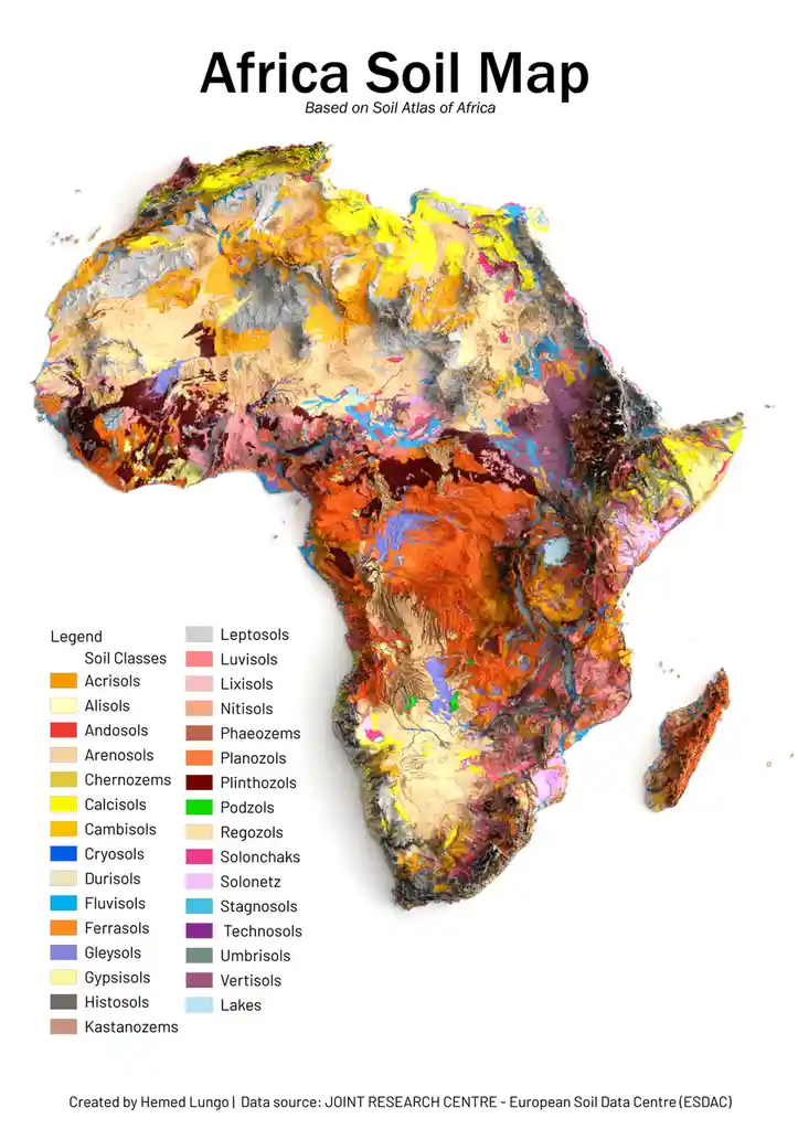 The image displays a colorful, detailed map of Africa titled 'Africa Soil Map' with a legend listing various soil classes…