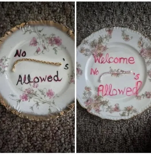 Two side-by-side photos show a floral-patterned plate with handwritten text. The left plate reads 'No 's Allowed' with a…