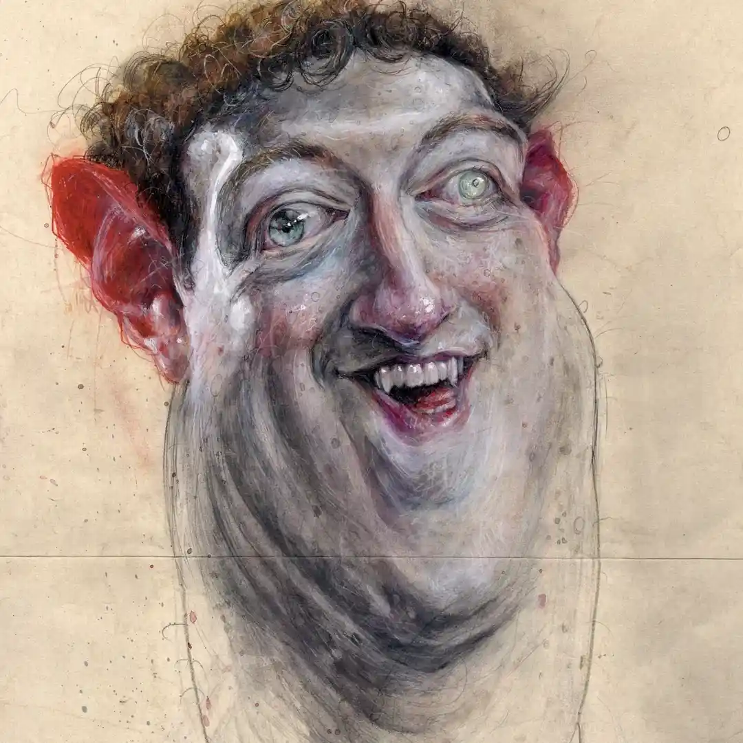 A sketch-style portrait of a man with exaggerated red ears, wide eyes, and a toothy grin showing fangs, resembling a vampire…
