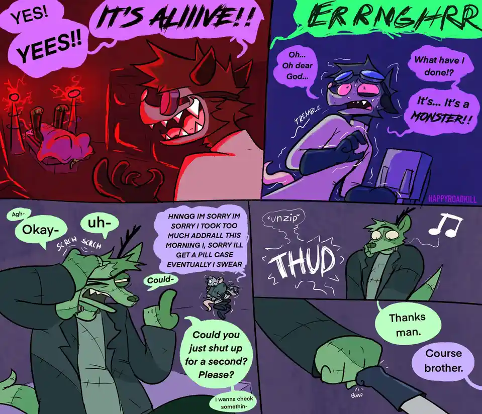 A four-panel comic strip featuring anthropomorphic characters. The first panel shows a red, monstrous creature celebrating…