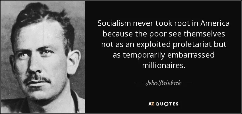 A black-and-white portrait of John Steinbeck on the left, with a black background on the right displaying his quote in white…