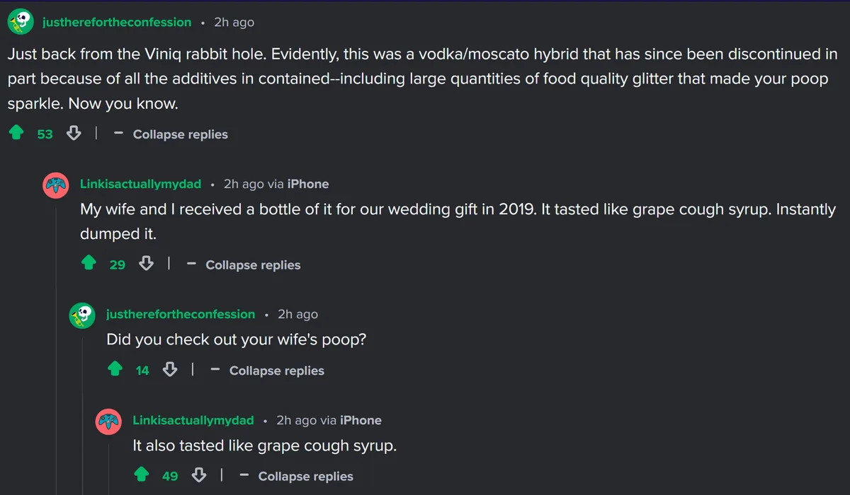 A Reddit comment thread shows a user describing a discontinued vodka/moscato hybrid containing glitter that made poop…