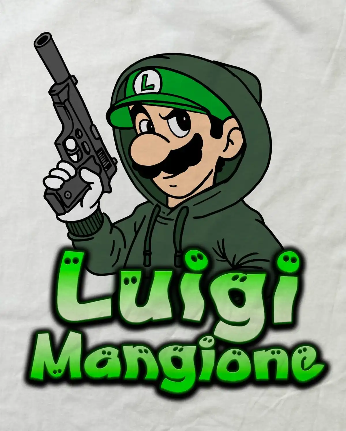 A cartoon Luigi from the Mario franchise is depicted wearing a green hoodie and holding a black handgun, with the text…