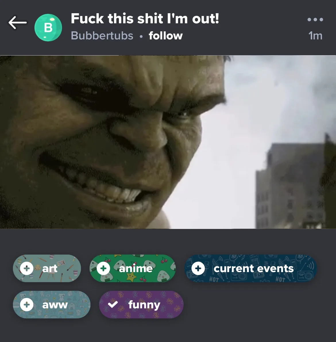 A screenshot of a social media post by 'Bubbertubs' shows a close-up of the Hulk's angry face with the overlaid text 'Fuck…