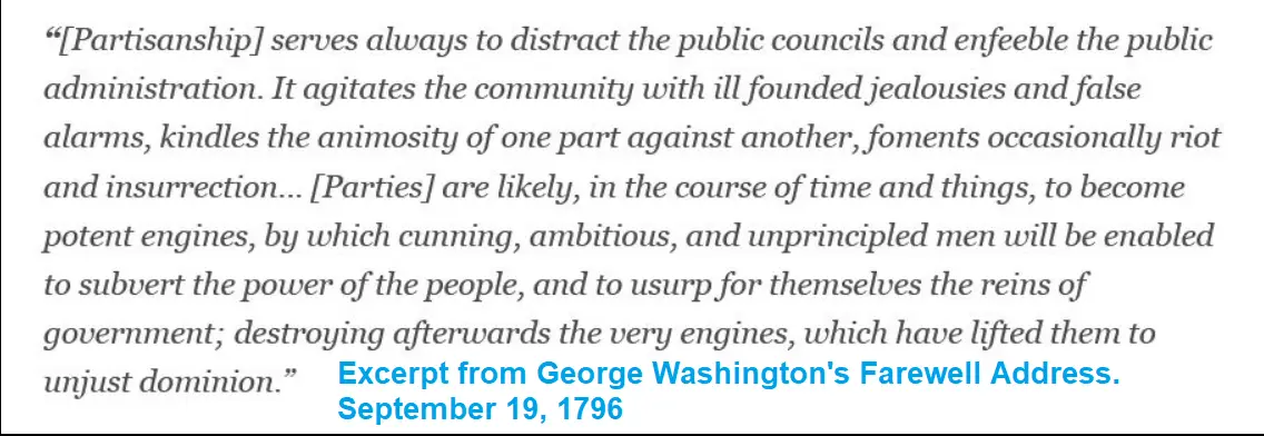 The image displays a full-text excerpt from George Washington's Farewell Address dated September 19, 1796, written in a…
